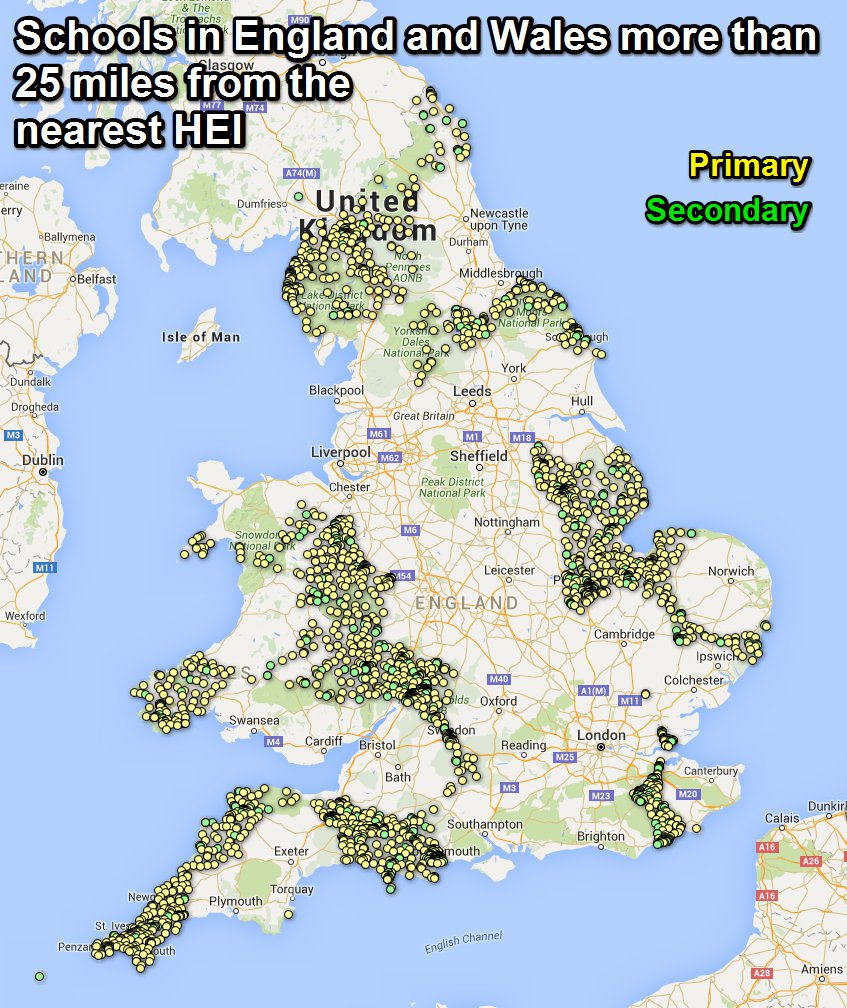 Map of schools in England and Wales more than 25 miles from their nearest HEI