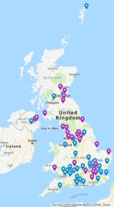 Map of UK schools which took part in the £50 Note Zone. (Blue markers show schools where students actively engaged through asking a question, taking part in a live chat, posting a comment, or casting a vote.) [Image: Google]